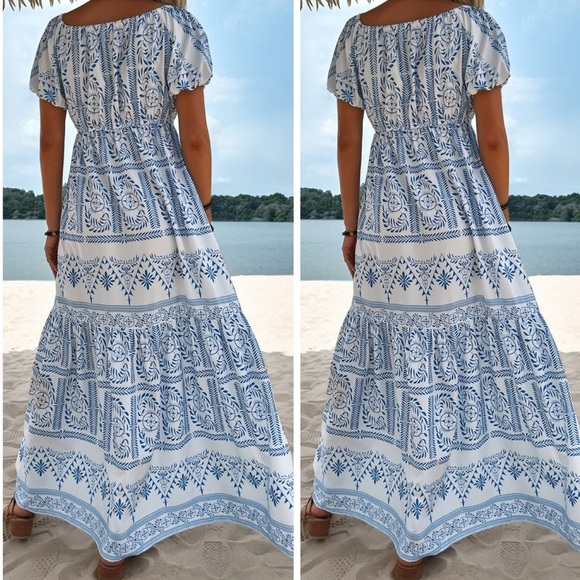 Bohemian Off-Shoulder Puff Sleeve Maxi Dress - Picture 3 of 4